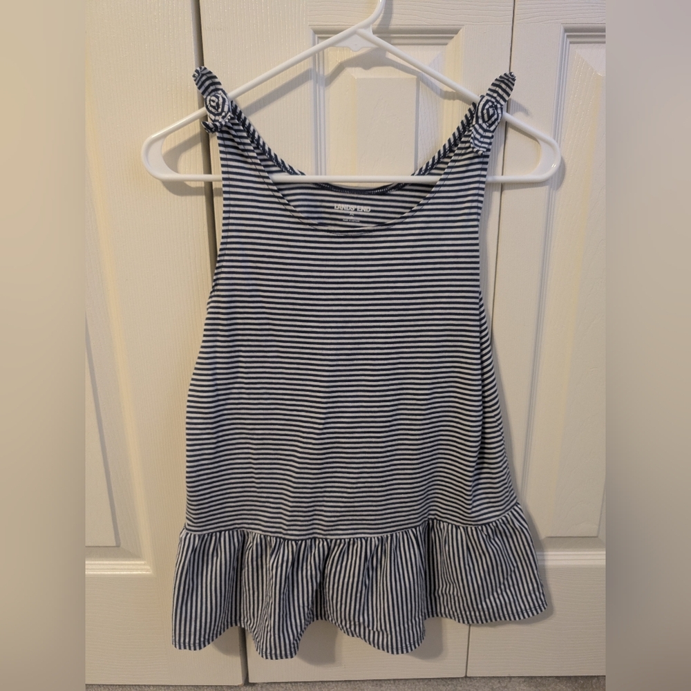 Land's End Girls XL 16 Sea Side Navy Striped Bow Shoulder Detail Ruffled Tank